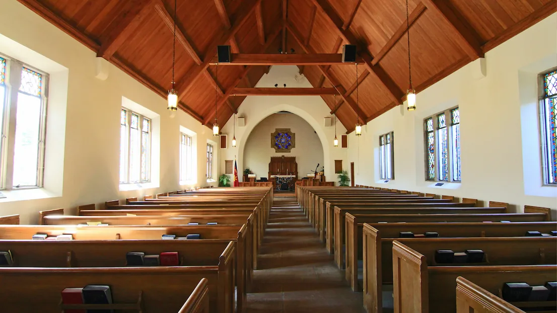 The interior of a church set up for a Sunday service