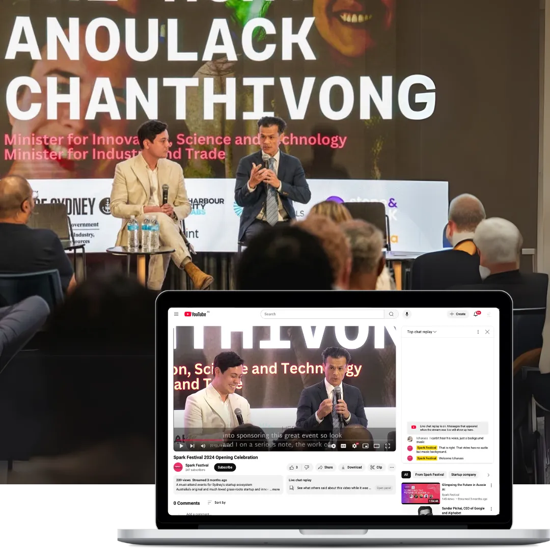 Sunflower AI live captioning overlaid on a hybrid event stream
