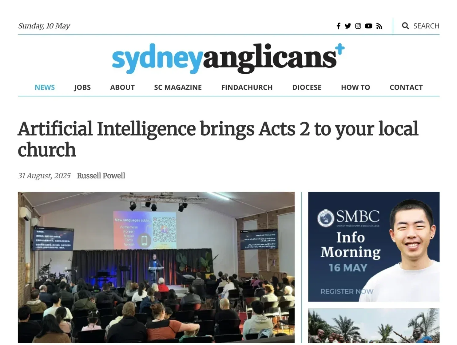 Sydney Anglicans article on Sunflower AI