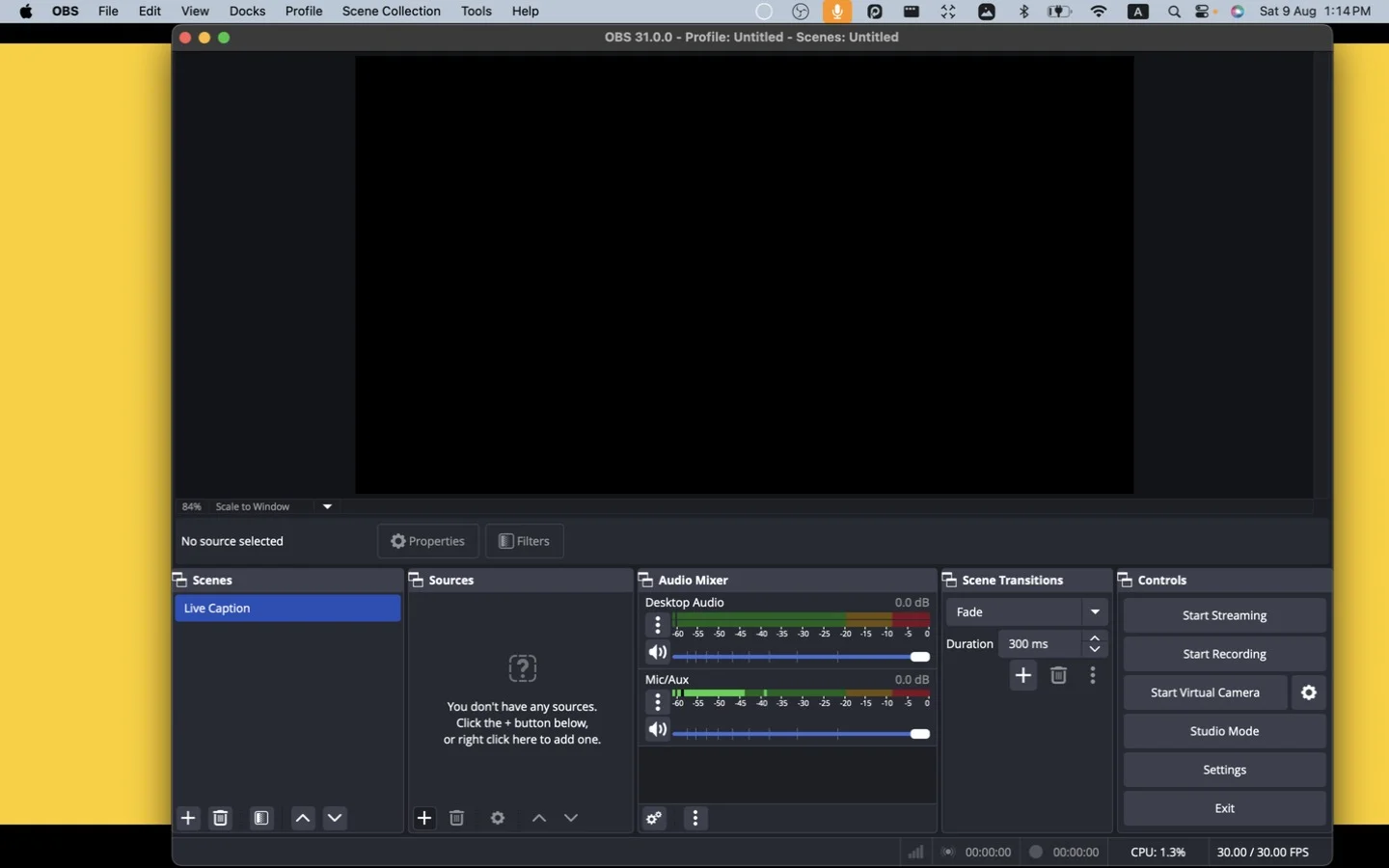 Renaming the scene to Live Caption and clicking Add in Sources