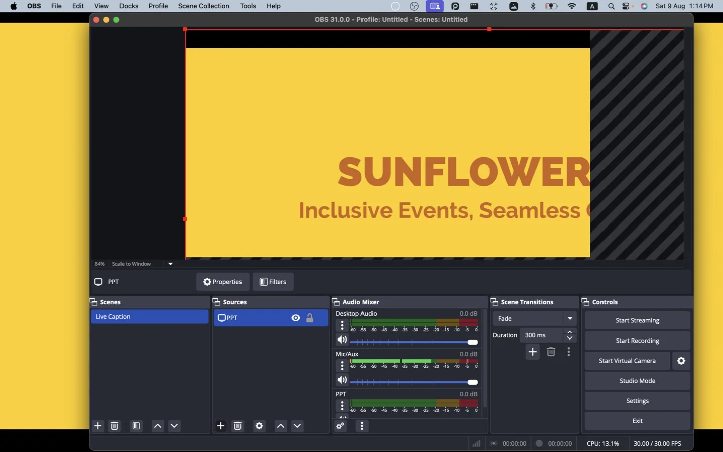 Clicking Add in Sources again to add the captions source