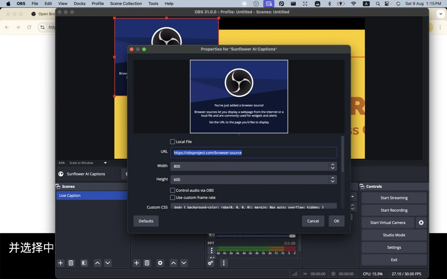 Pasting the caption URL into the OBS browser source