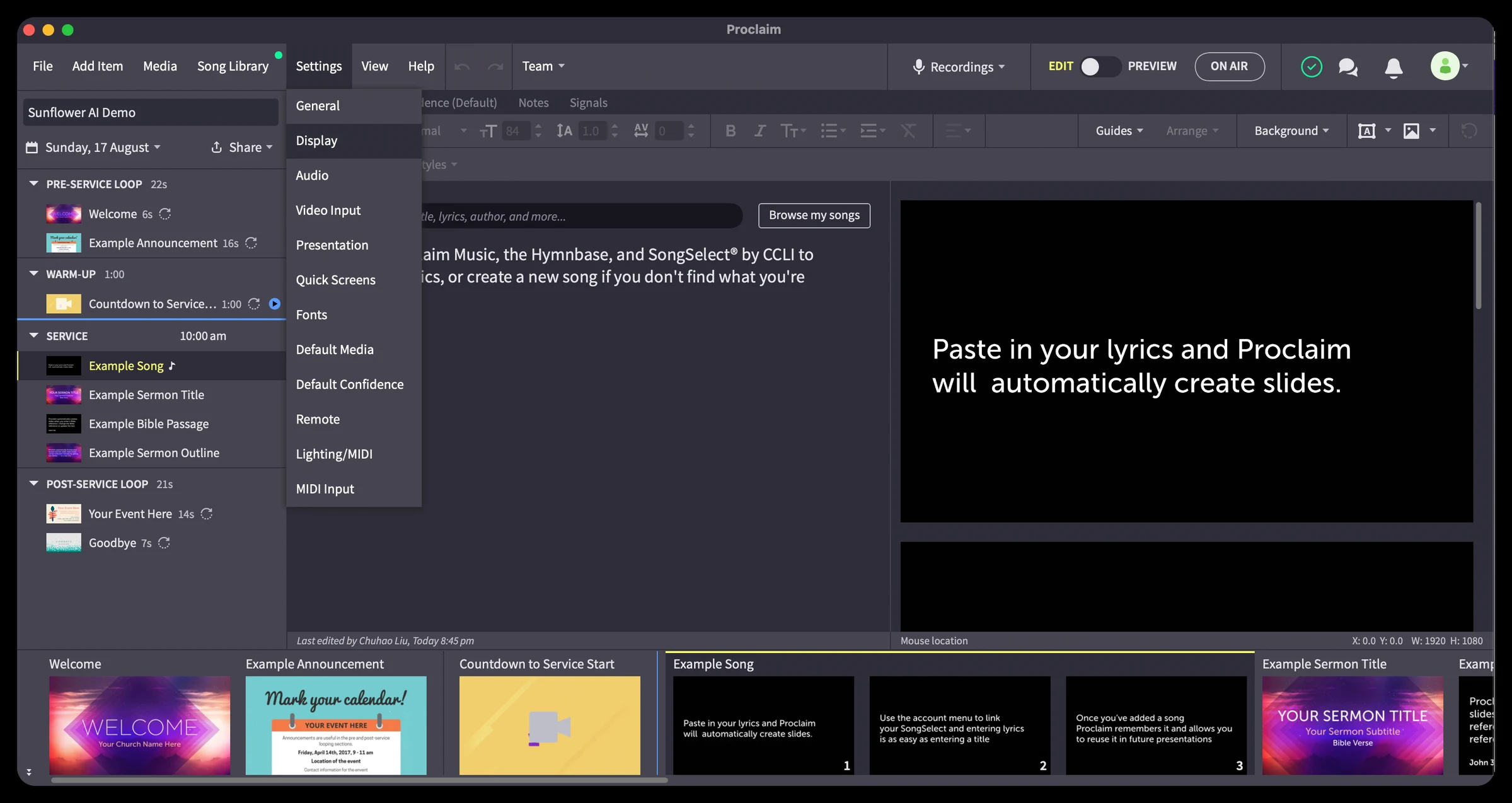 Opening Settings → Display in Proclaim