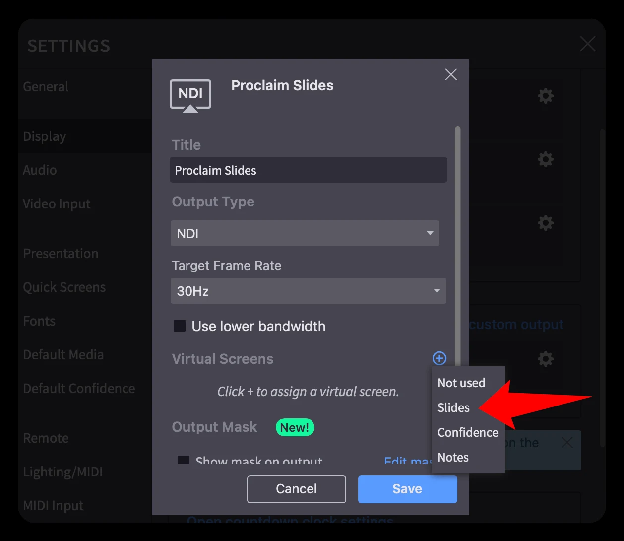 Adding the Slides virtual screen to the custom output