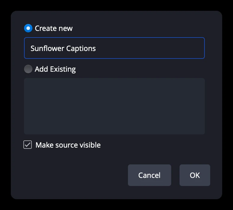 Naming the browser source Sunflower Captions