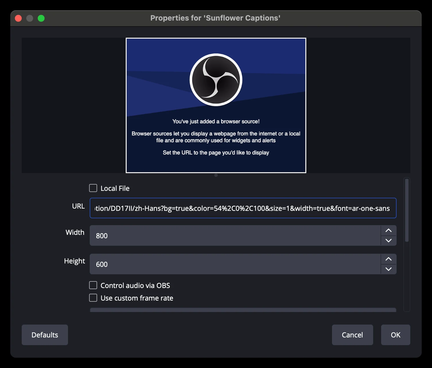 Pasting the Sunflower AI URL into the browser source