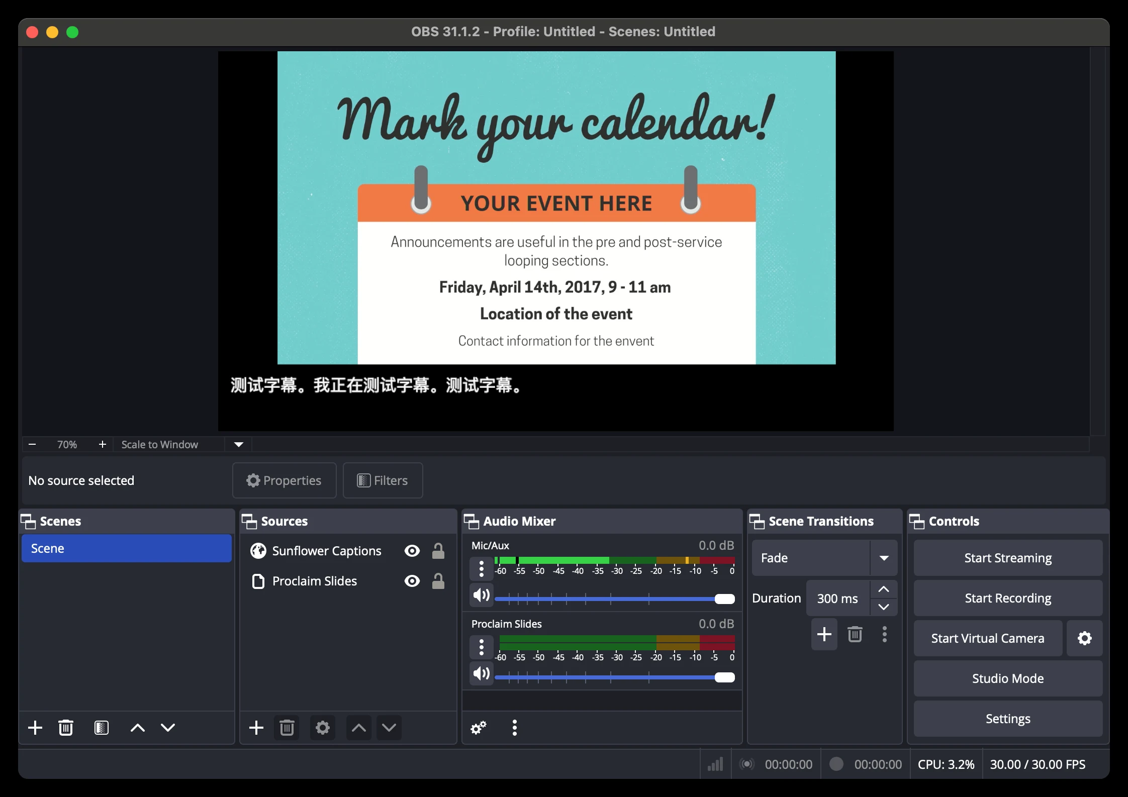 Combined Proclaim slides and Sunflower captions running in OBS