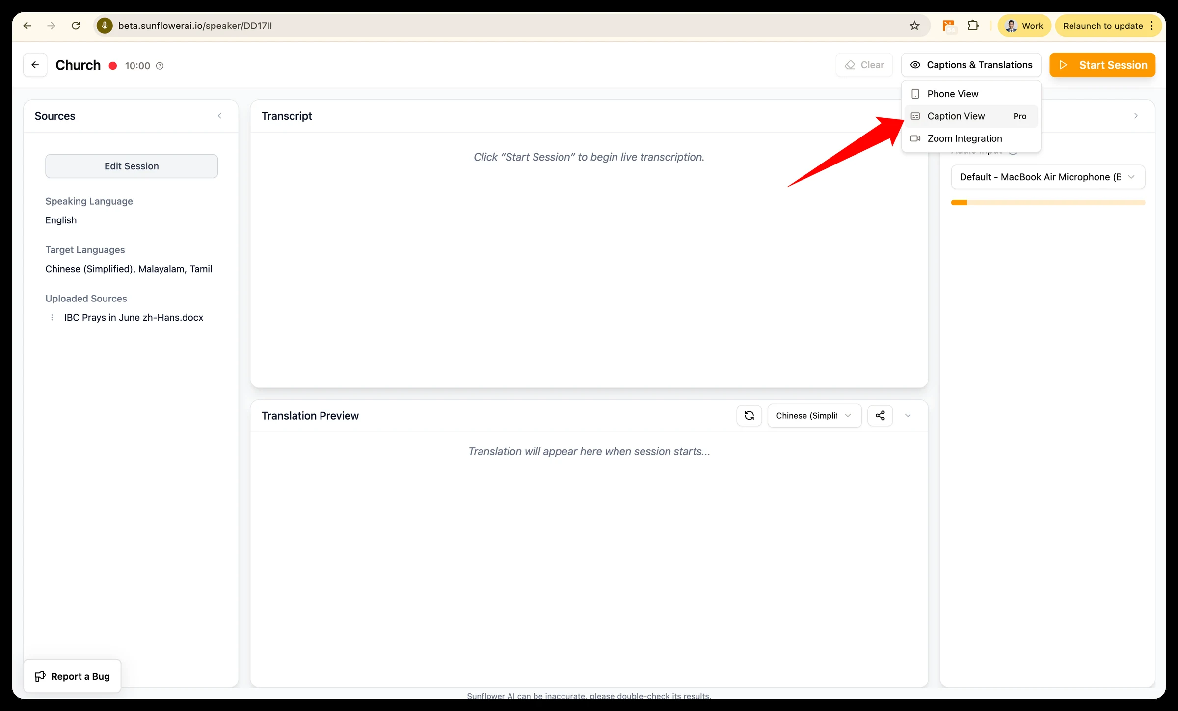 Selecting Caption View from the Captions & Translations menu