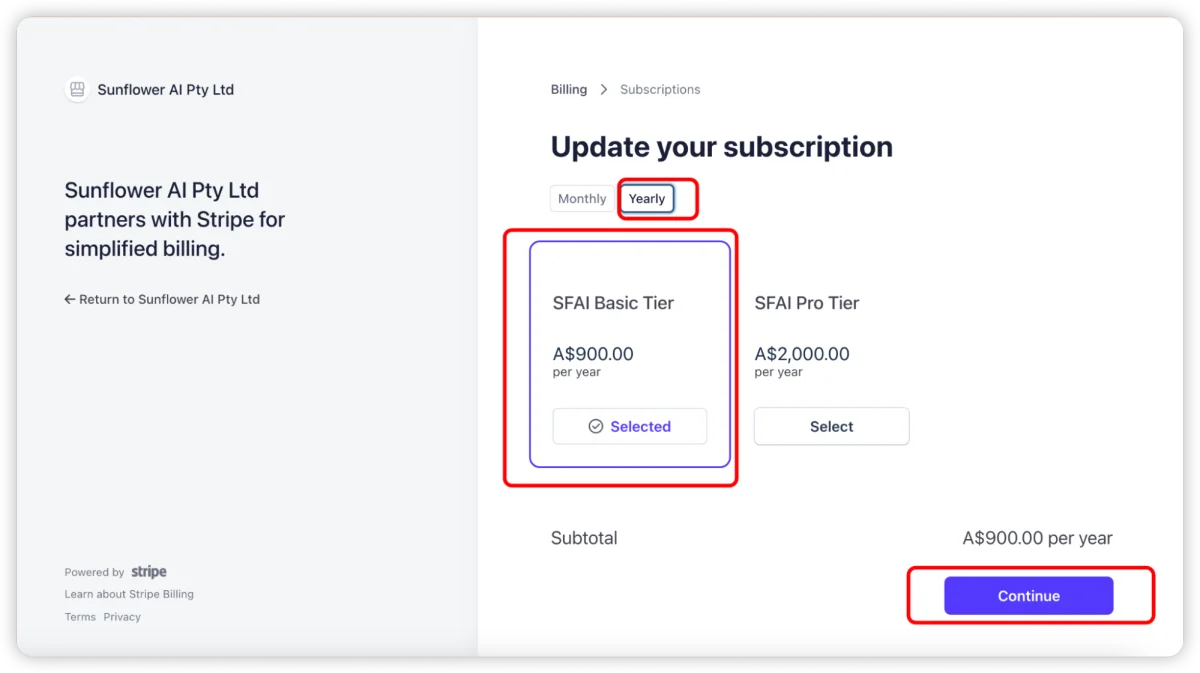 Checkout with Annual selected and BASIC tier chosen