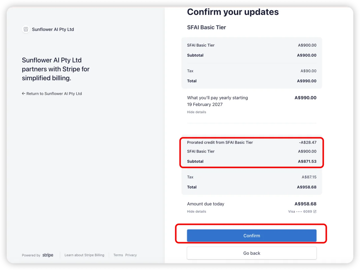 Order summary with line items and prorated credit before confirmation