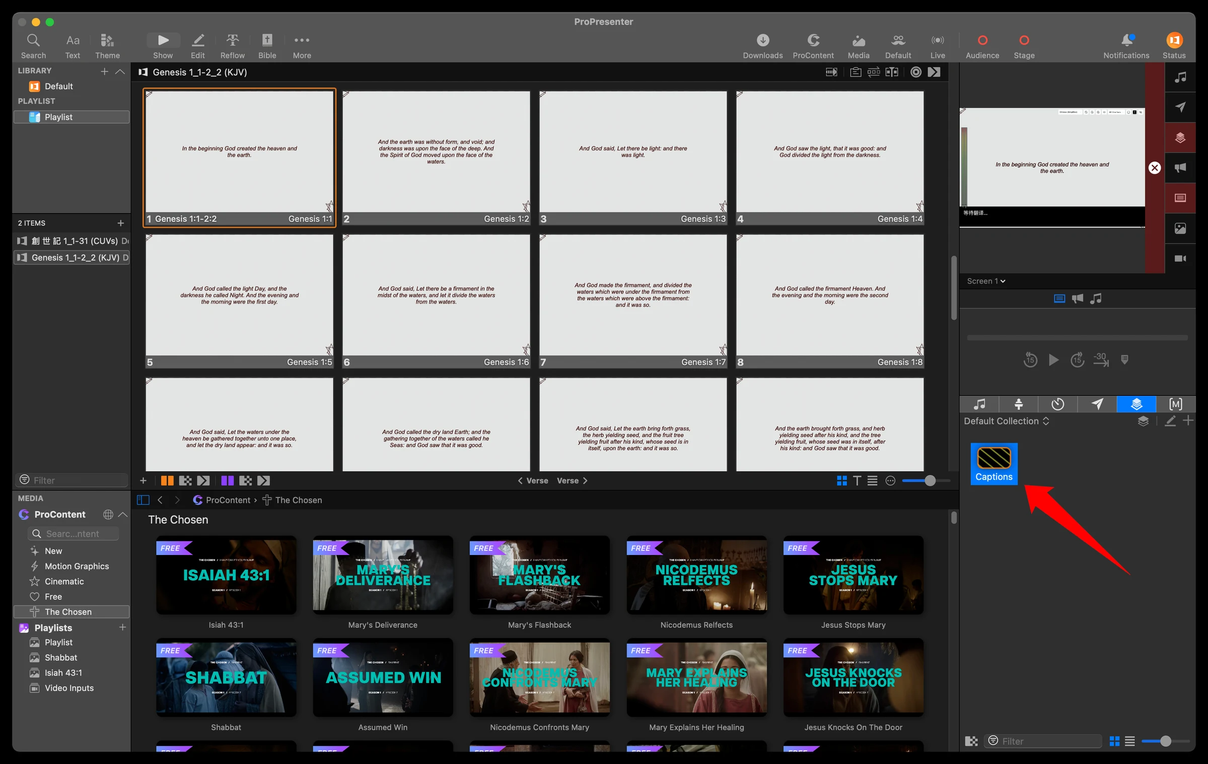 ProPresenter slide grid with a Captions prop layered over every slide